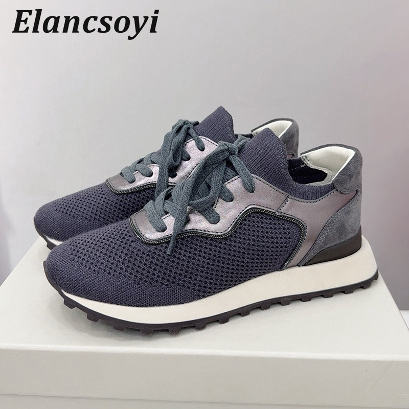 Sepatu Flat Wanita Sepatu Kasu - Knit Fabric Lace Up Sneakers ulasan dan harga