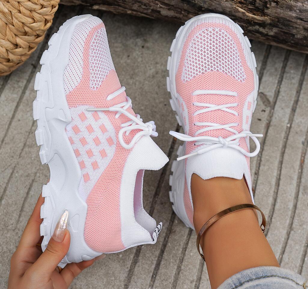 Sepatu Olahraga Wanita Berbaha - Knit Fabric Lace Up Sneakers ulasan dan harga