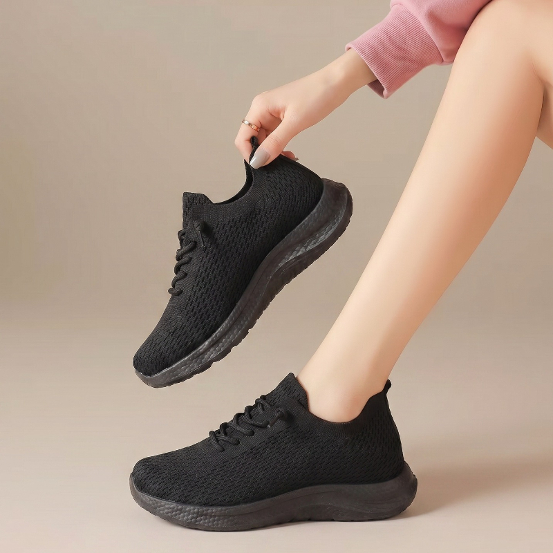 Sepatu Jalan Wanita Musim Pana - Knit Fabric Lace Up Sneakers ulasan dan harga